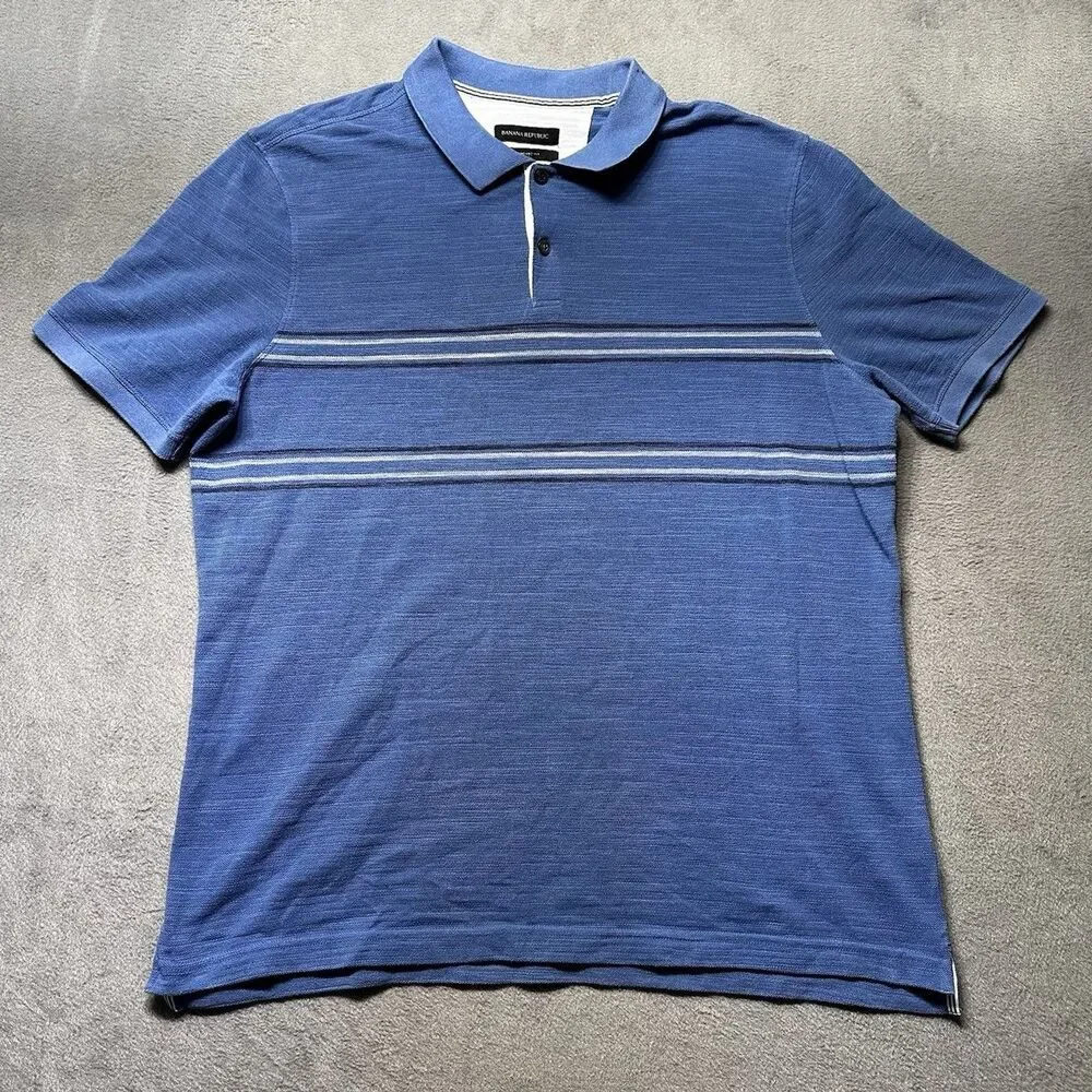 Banana Republic Mens Polo Shirt XXL Blue Standard Fit Stripe Knit Short Sleeve